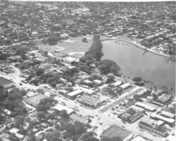 Aerial view of Huggins-Stengel baseball field and Crescent Lake. c. 1950